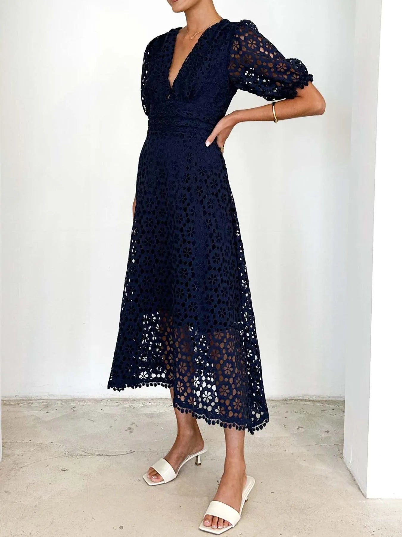 Eyelet Lace V - Neck Midi Dress with Puff Sleeves - JUST - JEN BOUTIQUE
