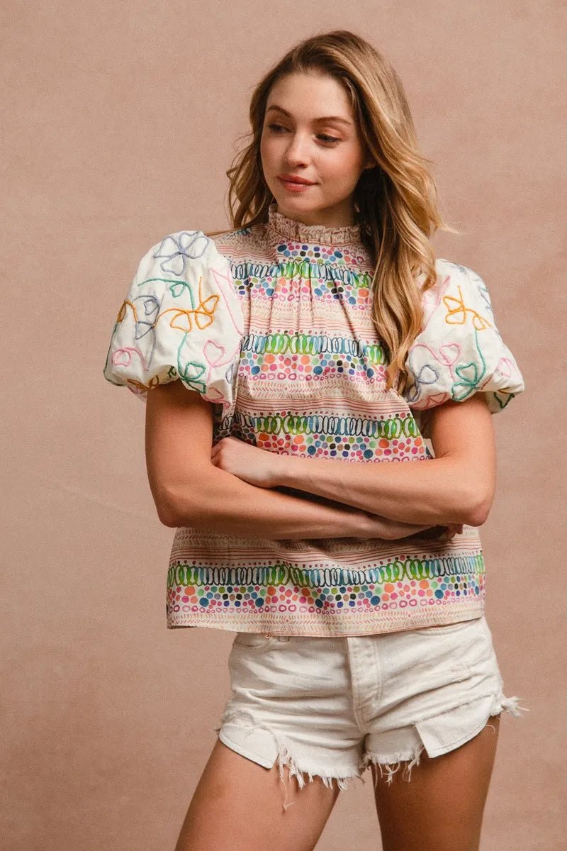 BiBi Ruffle Neckline Blouse With Embroidery Bubble Sleeve - JUST - JEN BOUTIQUE