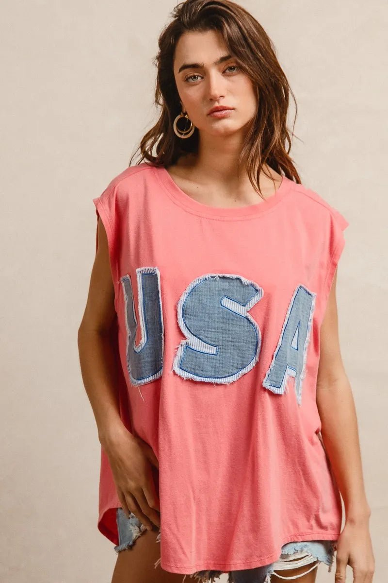 BiBi Washed Jersey With Usa Patched Raw Cut Edge Detail - JUST - JEN BOUTIQUE