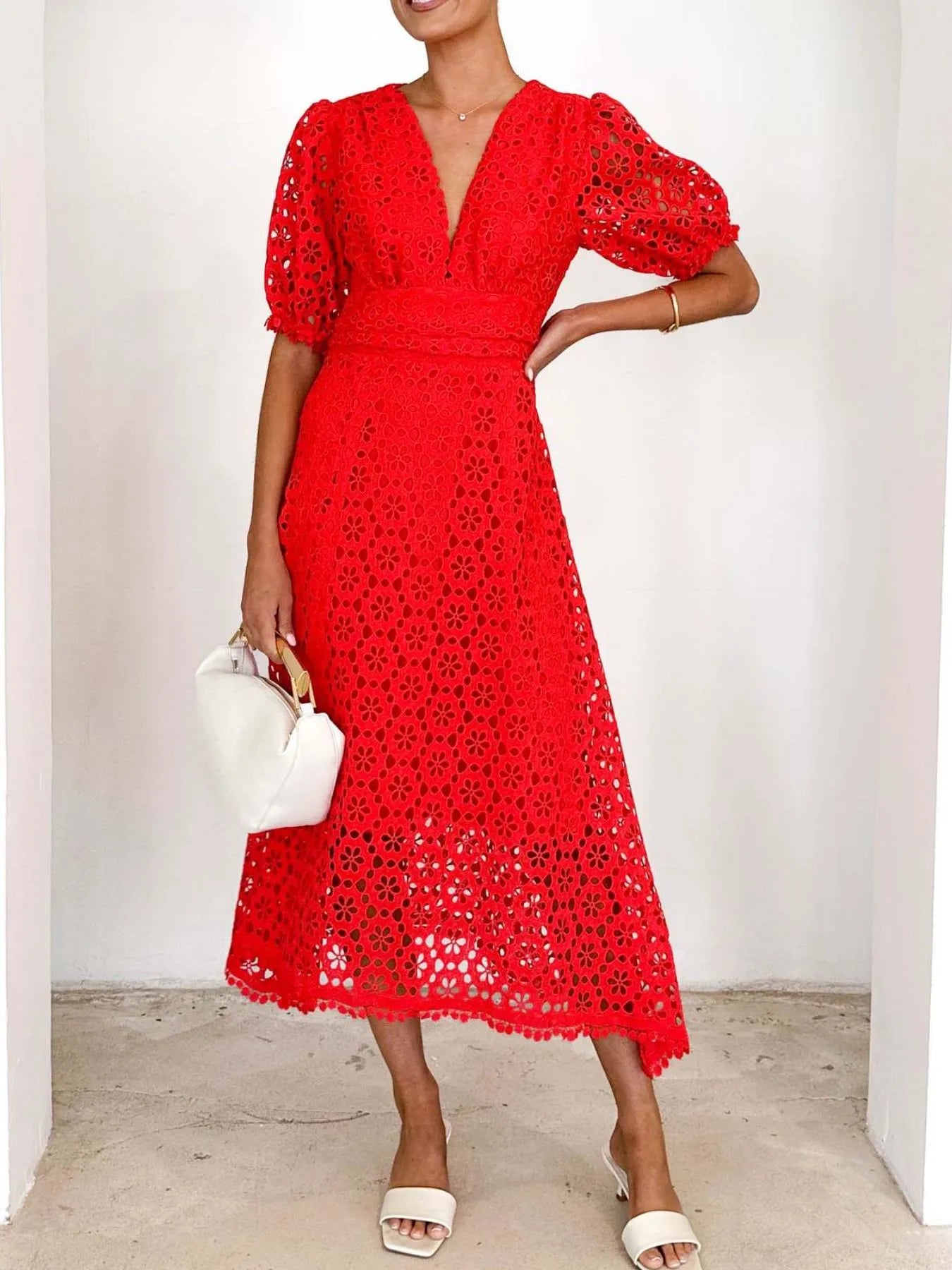 Eyelet Lace V - Neck Midi Dress with Puff Sleeves - JUST - JEN BOUTIQUE