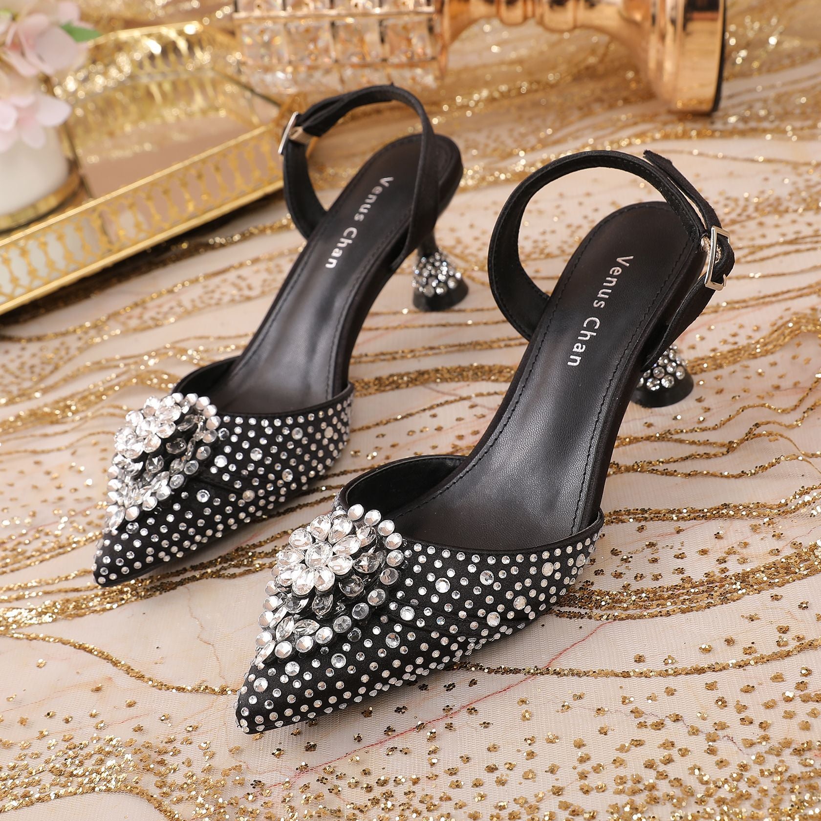 Rhinestone Point Toe Flare Heel Slingback Pumps - JUST - JEN BOUTIQUE