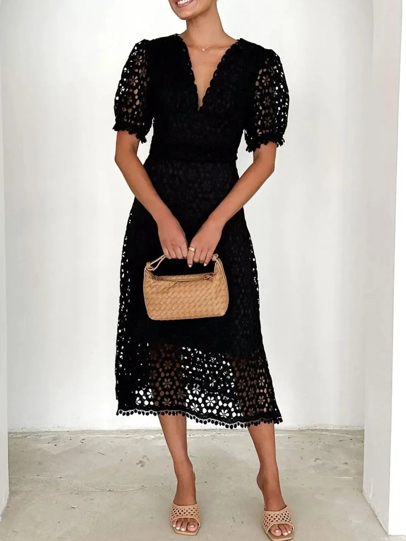 Eyelet Lace V - Neck Midi Dress with Puff Sleeves - JUST - JEN BOUTIQUE