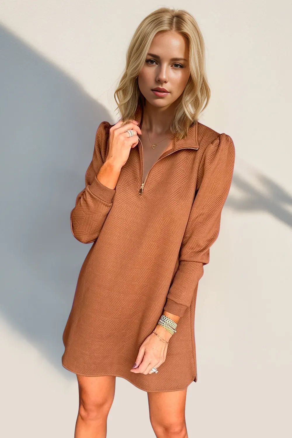Double Take Textured Quarter Zip Long Sleeve Dress - JUST - JEN BOUTIQUE
