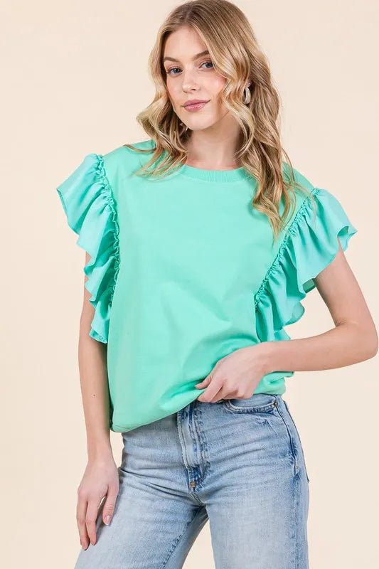 Lime 'N' Chili Solid Shoulder Ruffle Detail Round Neck Top - JUST - JEN BOUTIQUE