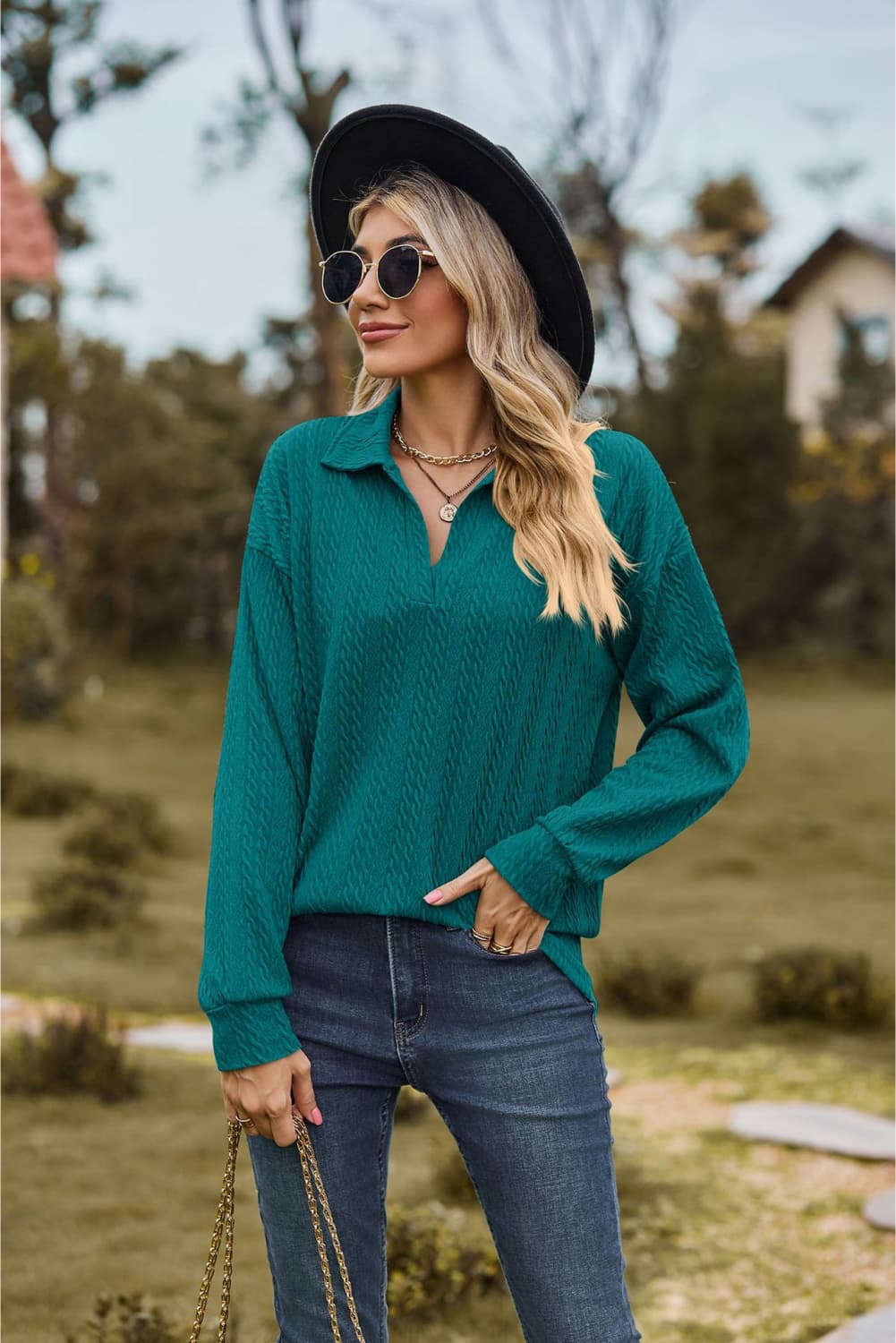 Collared Neck Cable - Knit Long Sleeve Blouse - JUST - JEN BOUTIQUE