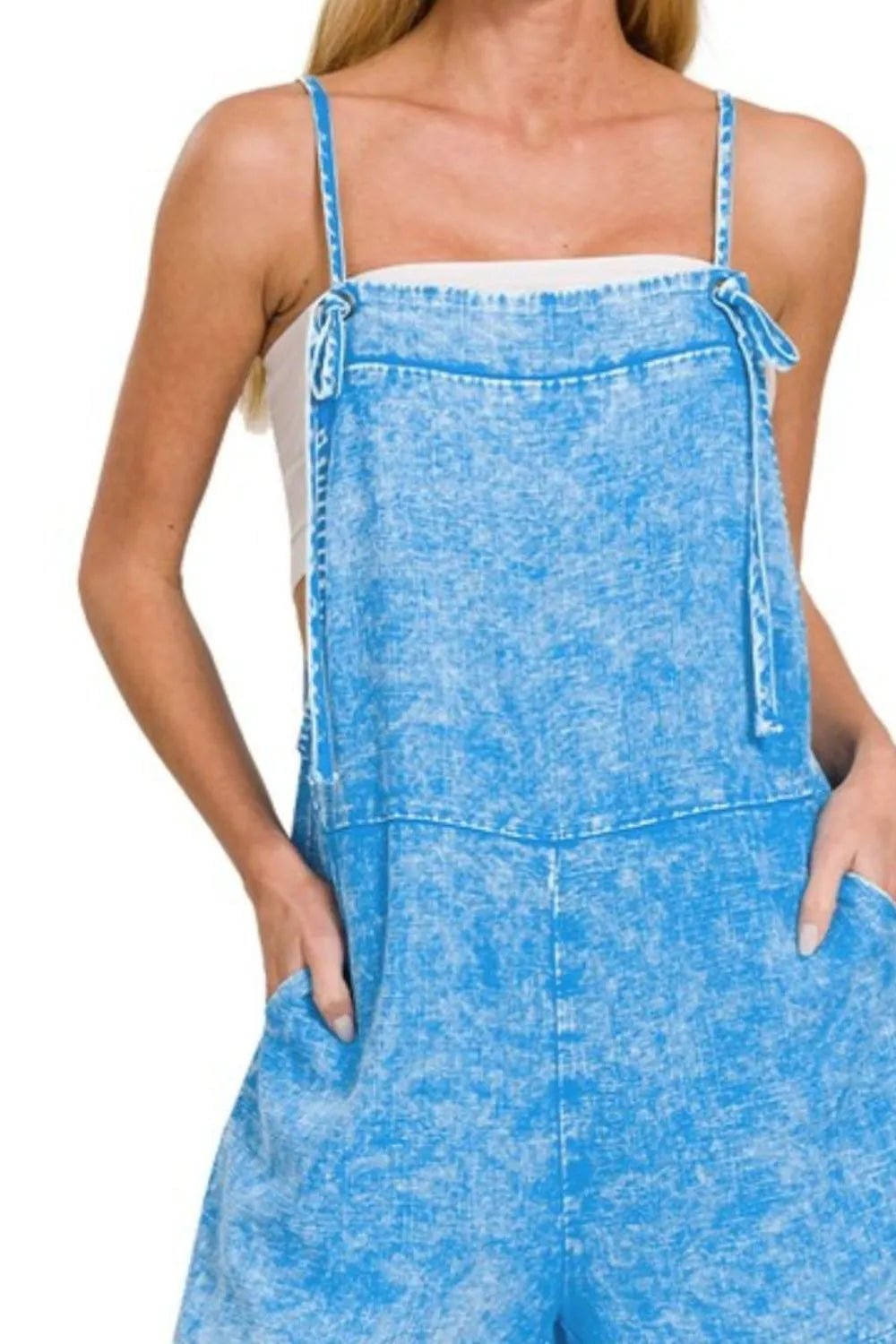 Zenana Washed Linen Knot Strap Rompers - JUST - JEN BOUTIQUE