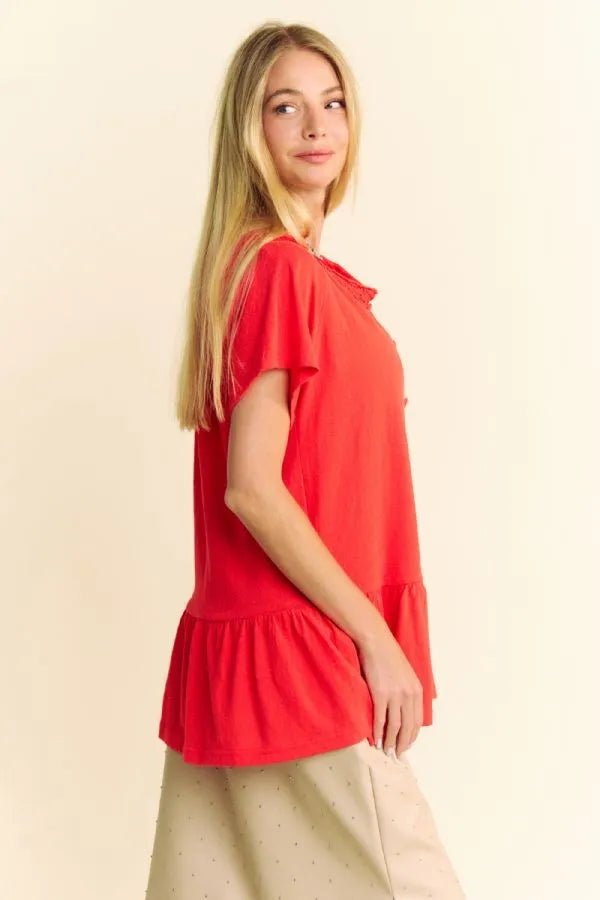 Davi & Dani Solid Lace Trim Neck Short Sleeve Peplum Top - JUST - JEN BOUTIQUE