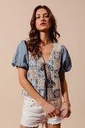 SO ME Crochet Lace Tie Front V Neck Blouse Top - JUST - JEN BOUTIQUE
