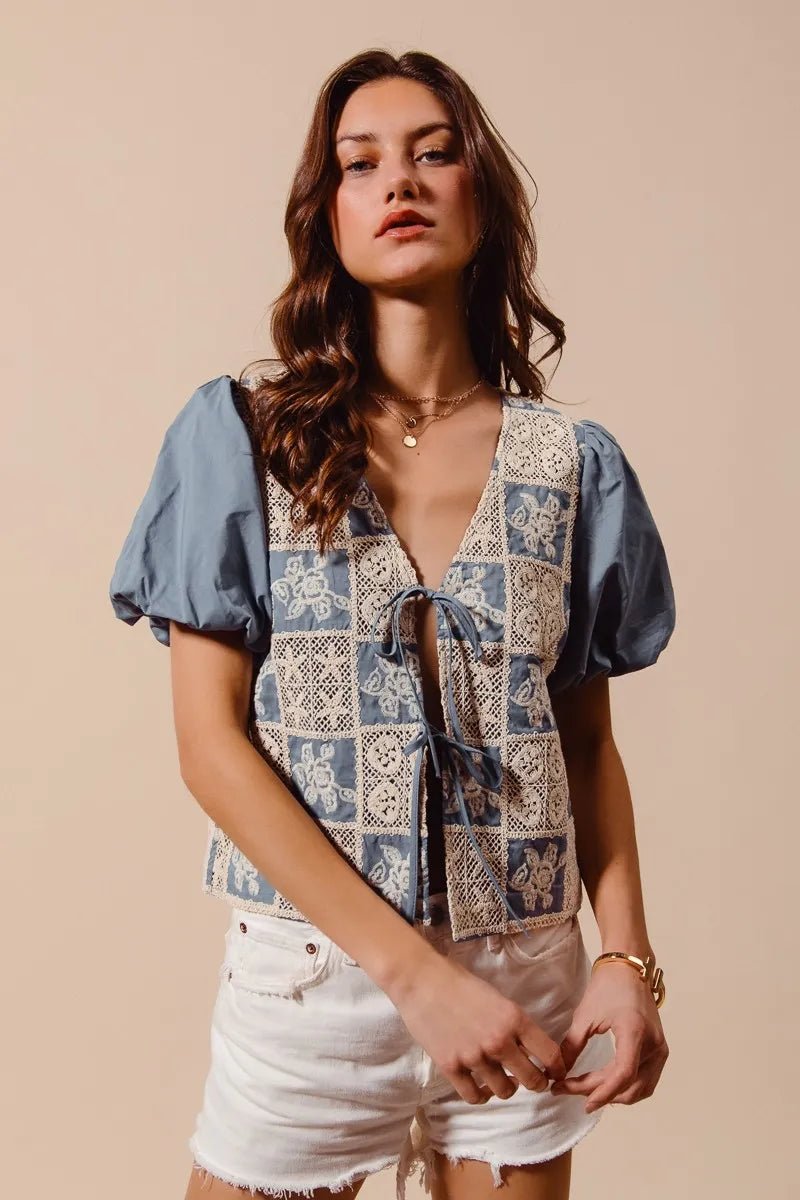 SO ME Crochet Lace Tie Front V Neck Blouse Top - JUST - JEN BOUTIQUE