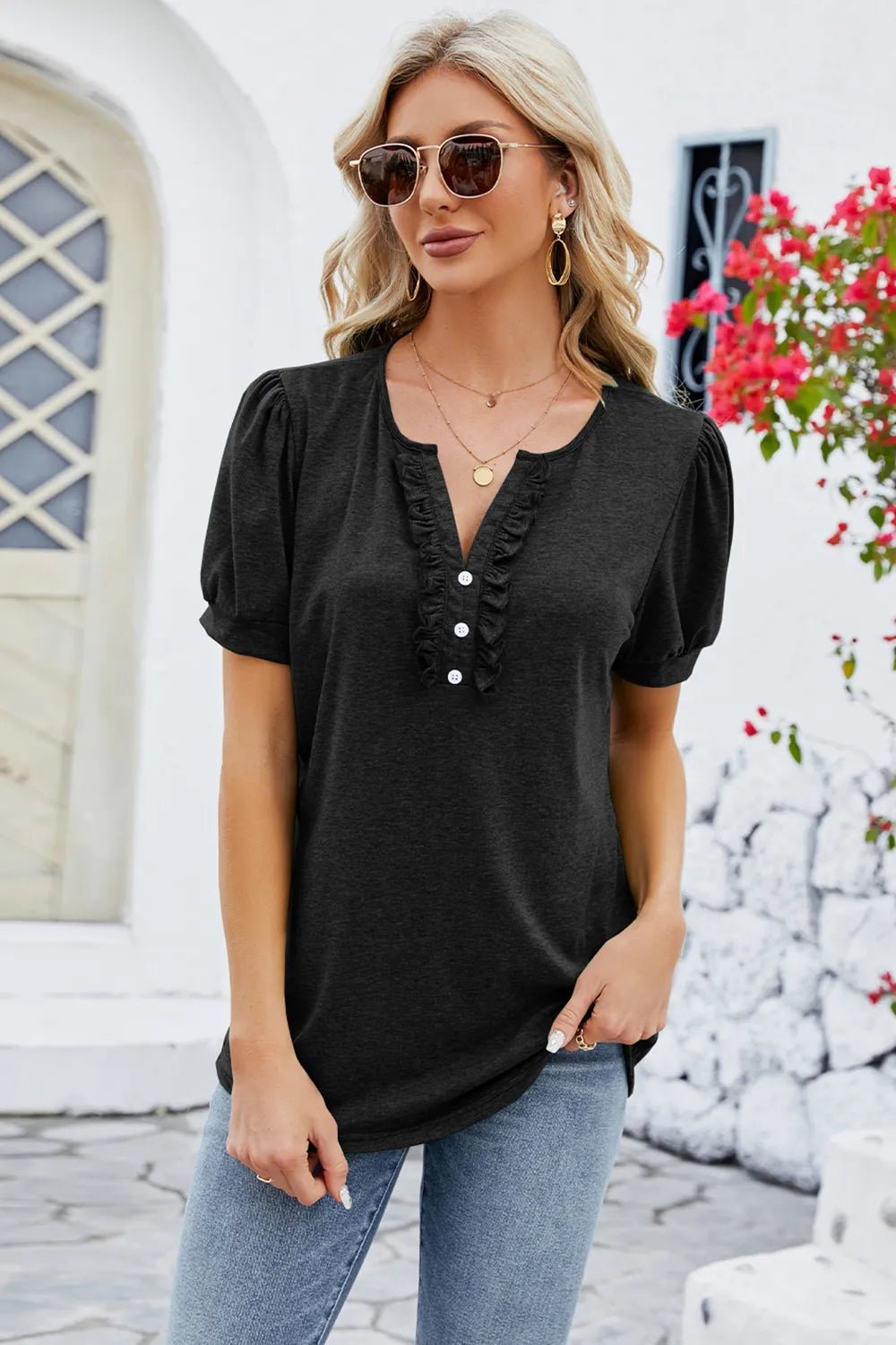 Frill Notched Short Sleeve Blouse - JUST - JEN BOUTIQUE