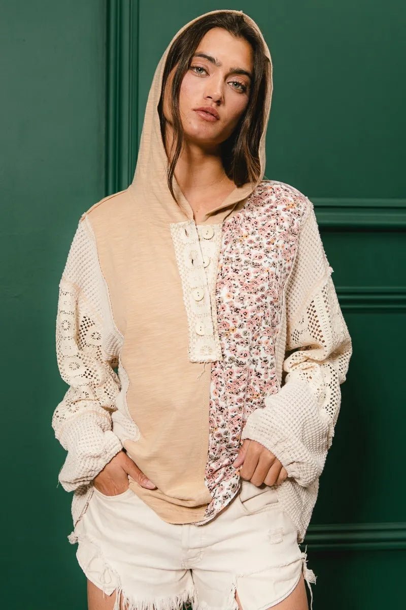 BiBi Slub Jersey with Lace Combo Buttoned Hoodie Top - JUST - JEN BOUTIQUE