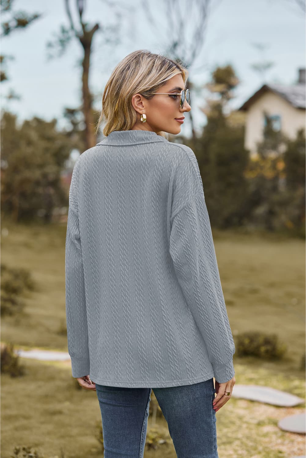 Collared Neck Cable - Knit Long Sleeve Blouse - JUST - JEN BOUTIQUE
