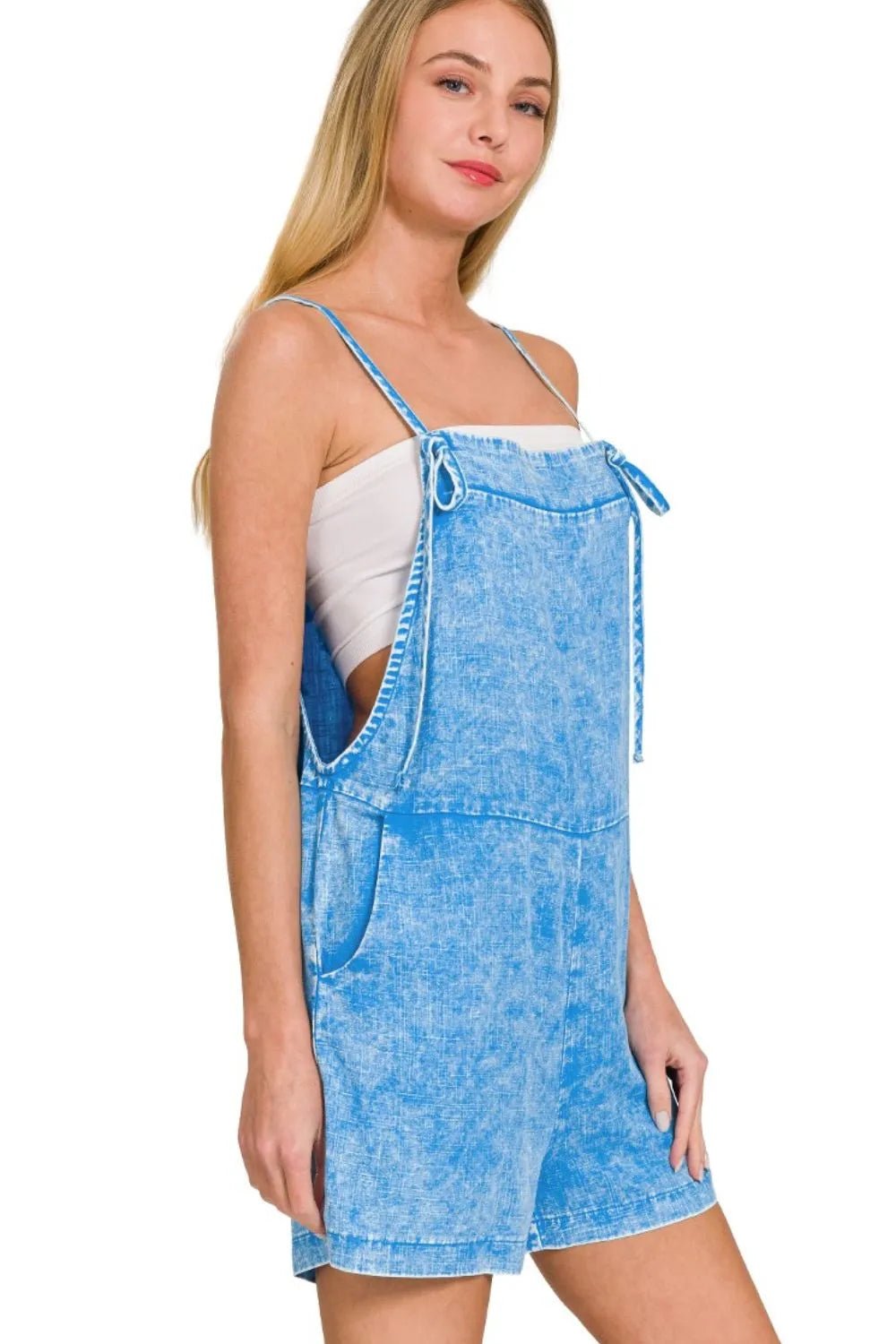 Zenana Washed Linen Knot Strap Rompers - JUST - JEN BOUTIQUE