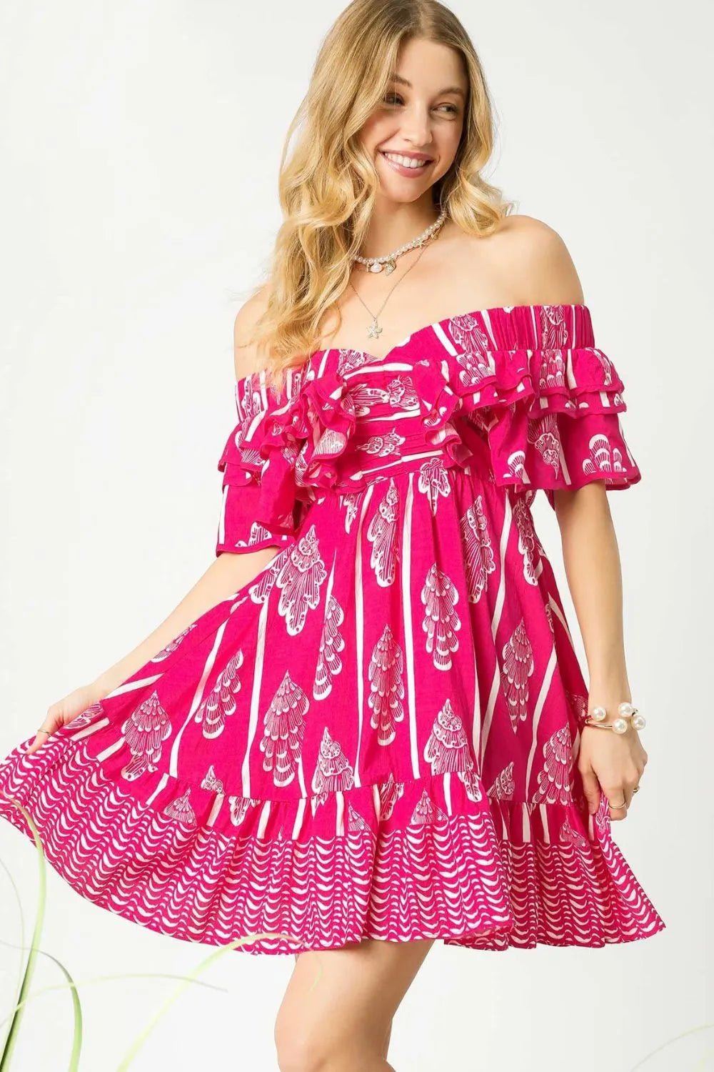 Umgee Off - Shoulder Paisley Print Ruffled Mini Dress - JUST - JEN BOUTIQUE