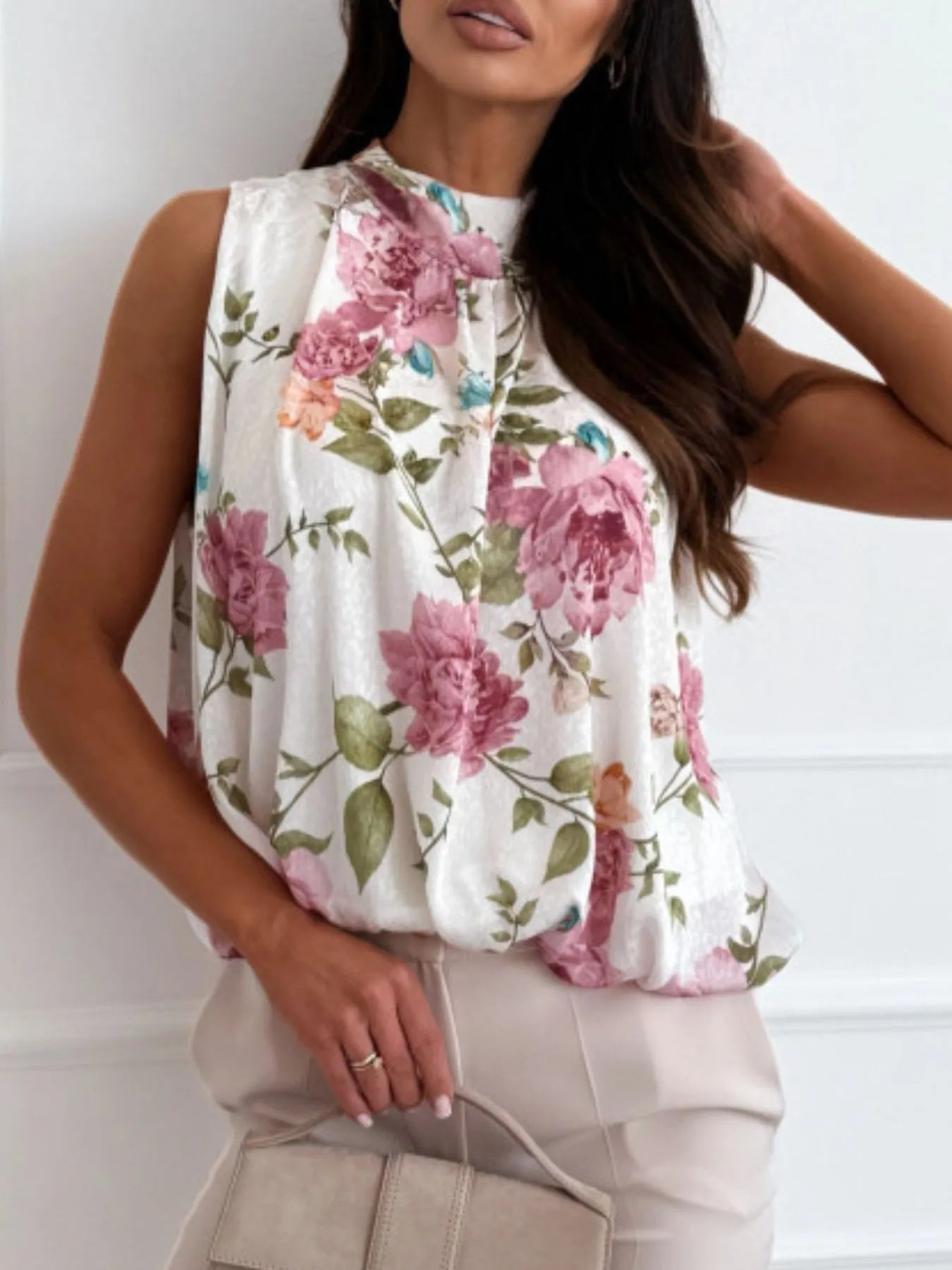 Floral Mock Neck Sleeveless Blouse - JUST - JEN BOUTIQUE