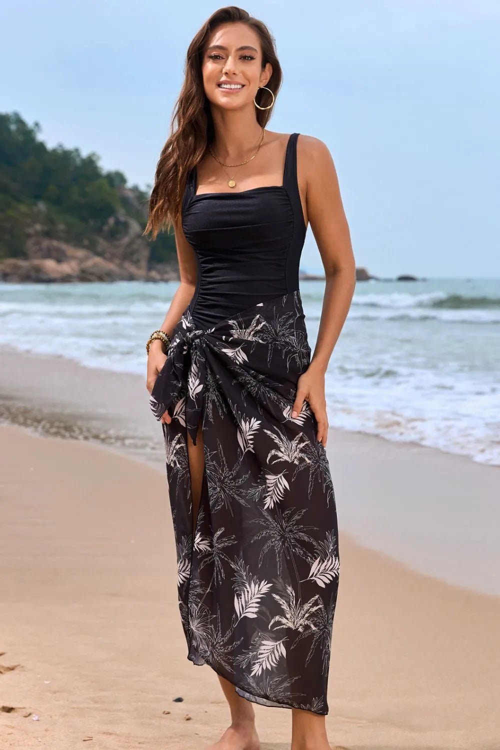 Square Neck Printed One - Piece Swimwear and Cover Up Swim Set - JUST - JEN BOUTIQUE