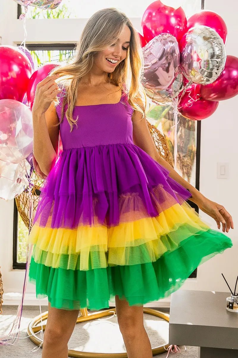 BiBi Mardi Gras Color Block Layered Mesh Tiered Dress - JUST - JEN BOUTIQUE