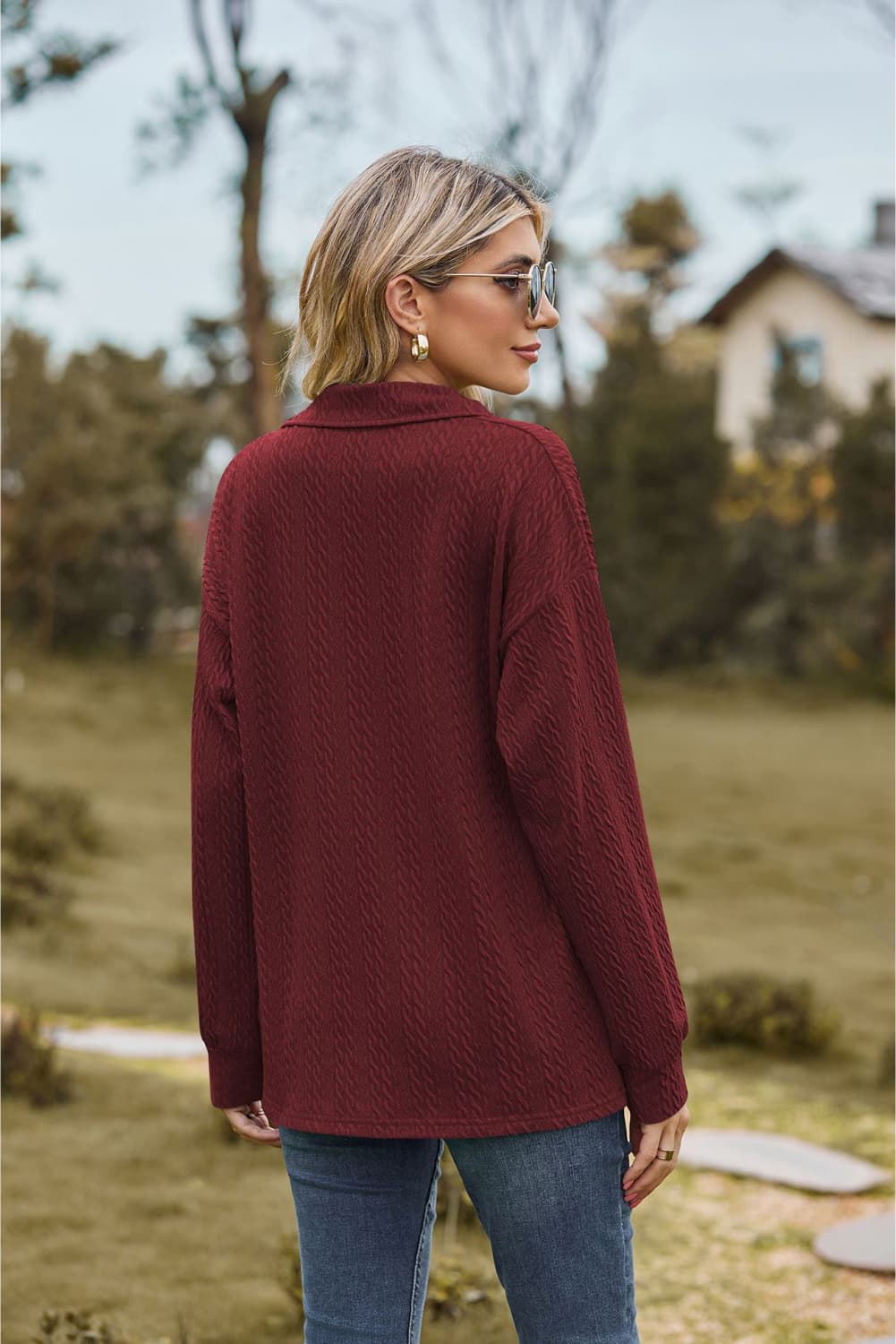 Collared Neck Cable - Knit Long Sleeve Blouse - JUST - JEN BOUTIQUE