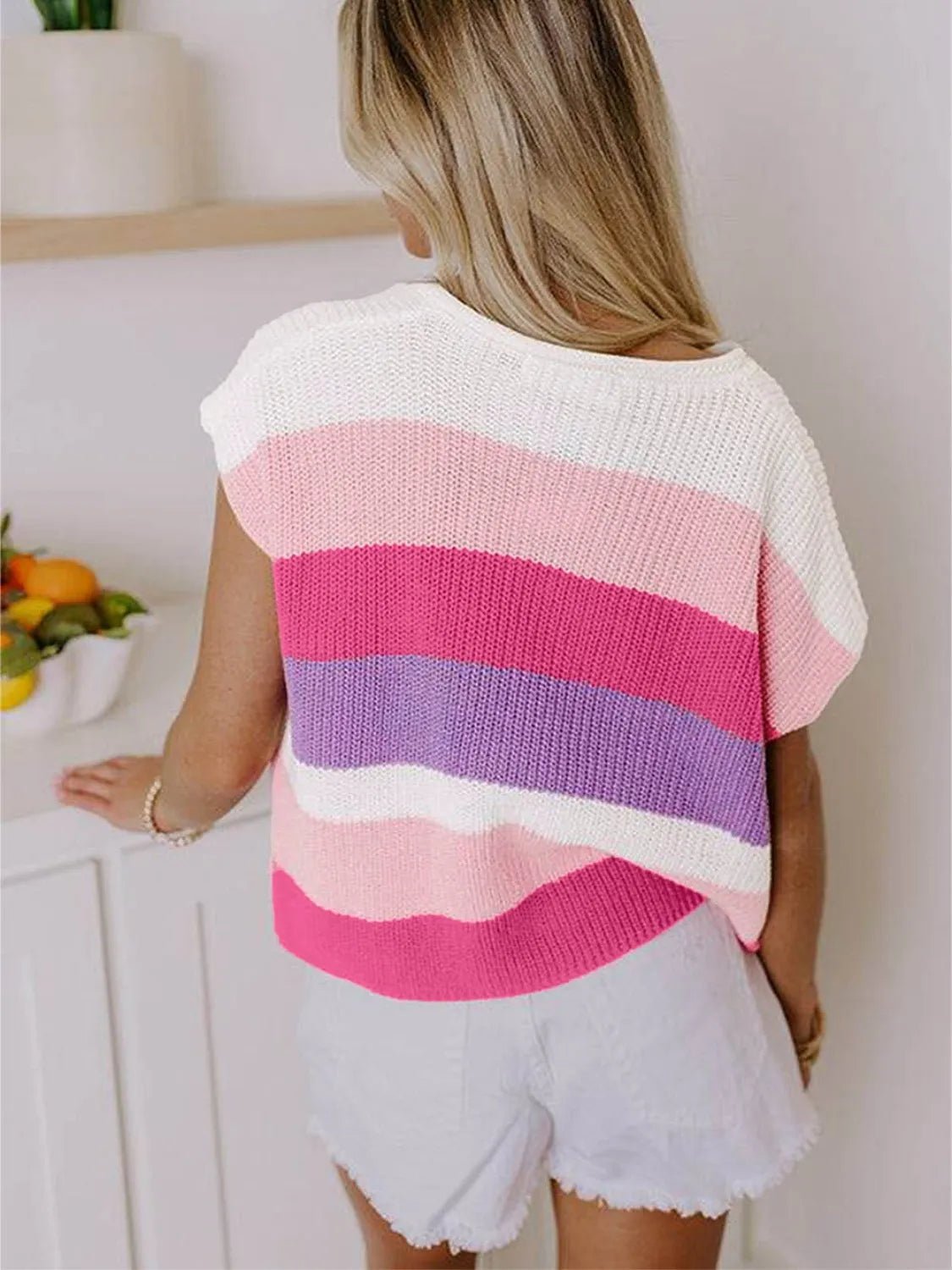 Color Block Notched Short Sleeve Knit Top - JUST - JEN BOUTIQUE