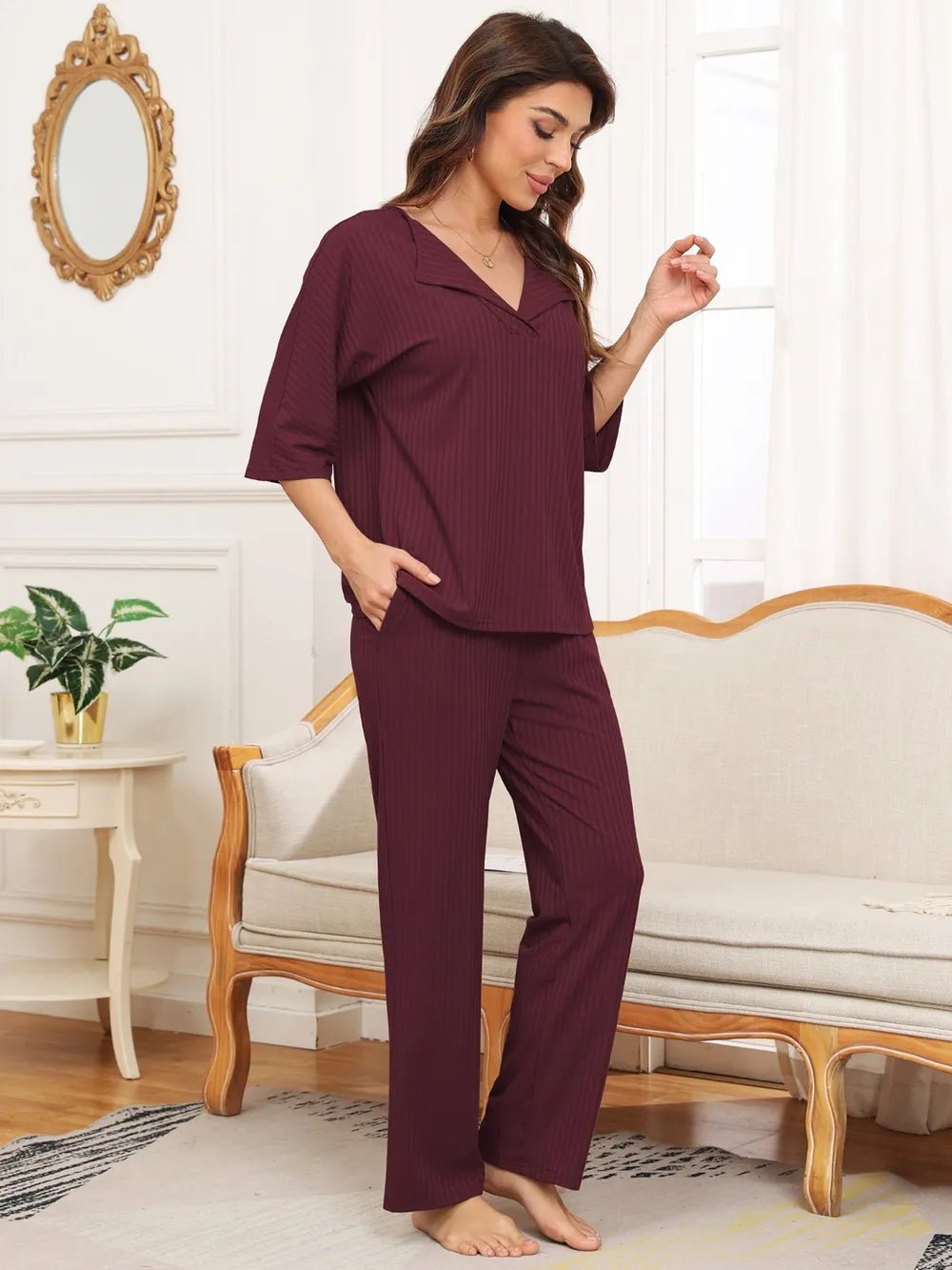 Ribbed Half Sleeve Top and Pocketed Pants Set - JUST - JEN BOUTIQUE