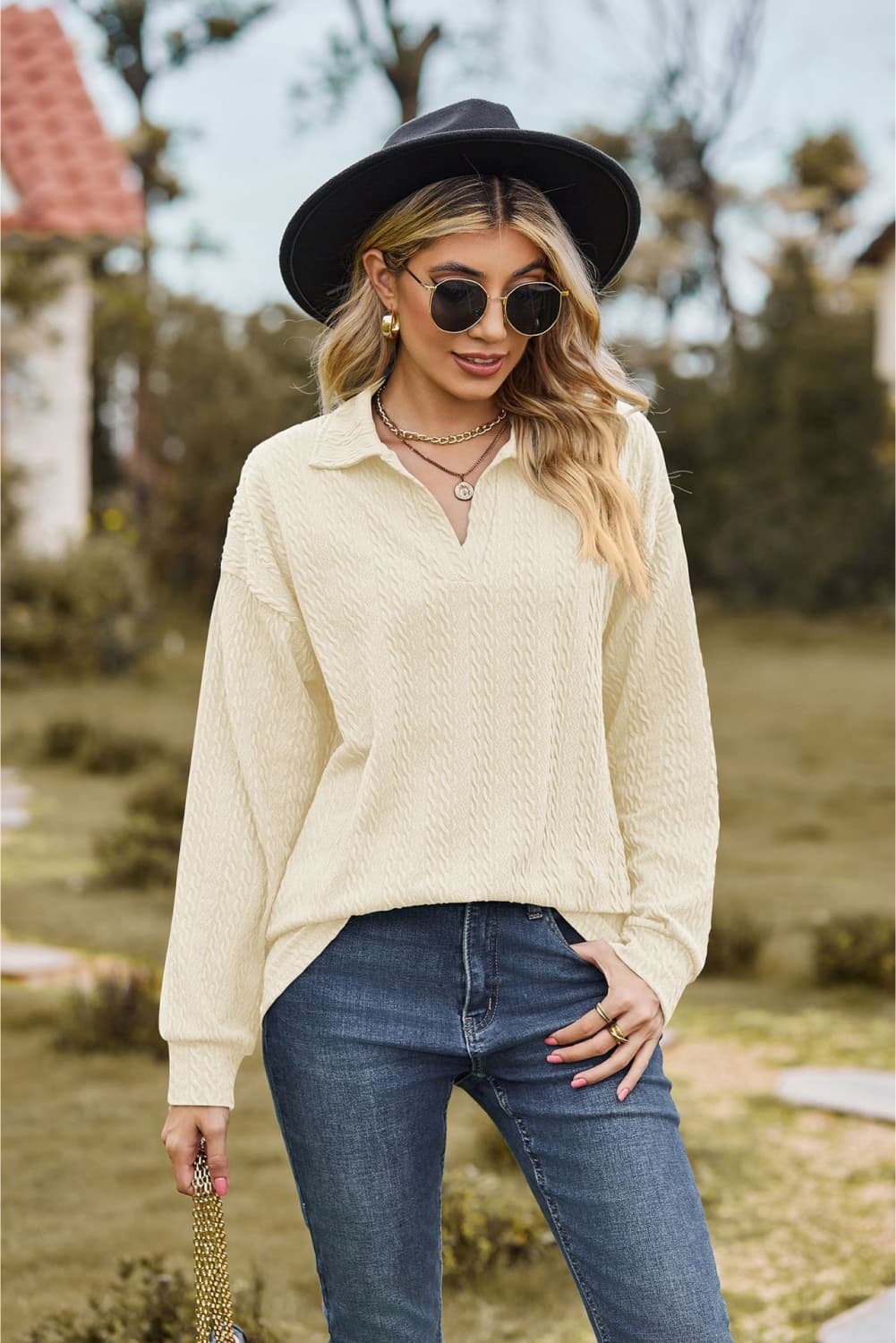 Collared Neck Cable - Knit Long Sleeve Blouse - JUST - JEN BOUTIQUE