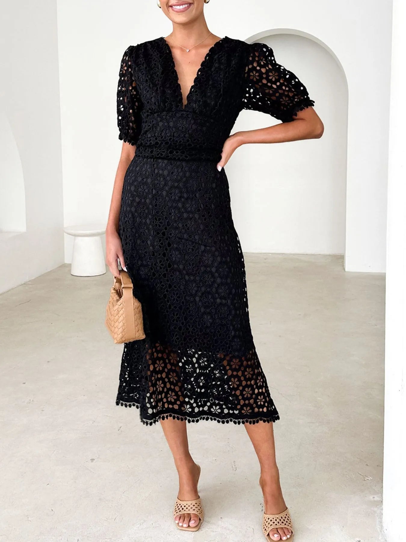 Eyelet Lace V - Neck Midi Dress with Puff Sleeves - JUST - JEN BOUTIQUE