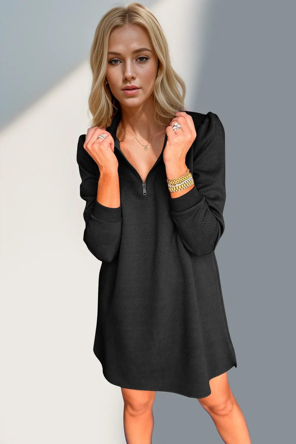 Double Take Textured Quarter Zip Long Sleeve Dress - JUST - JEN BOUTIQUE