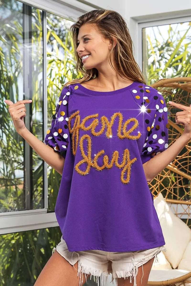 BiBi Game Day Metallic Letter Spangle Sleeve Top - JUST - JEN BOUTIQUE