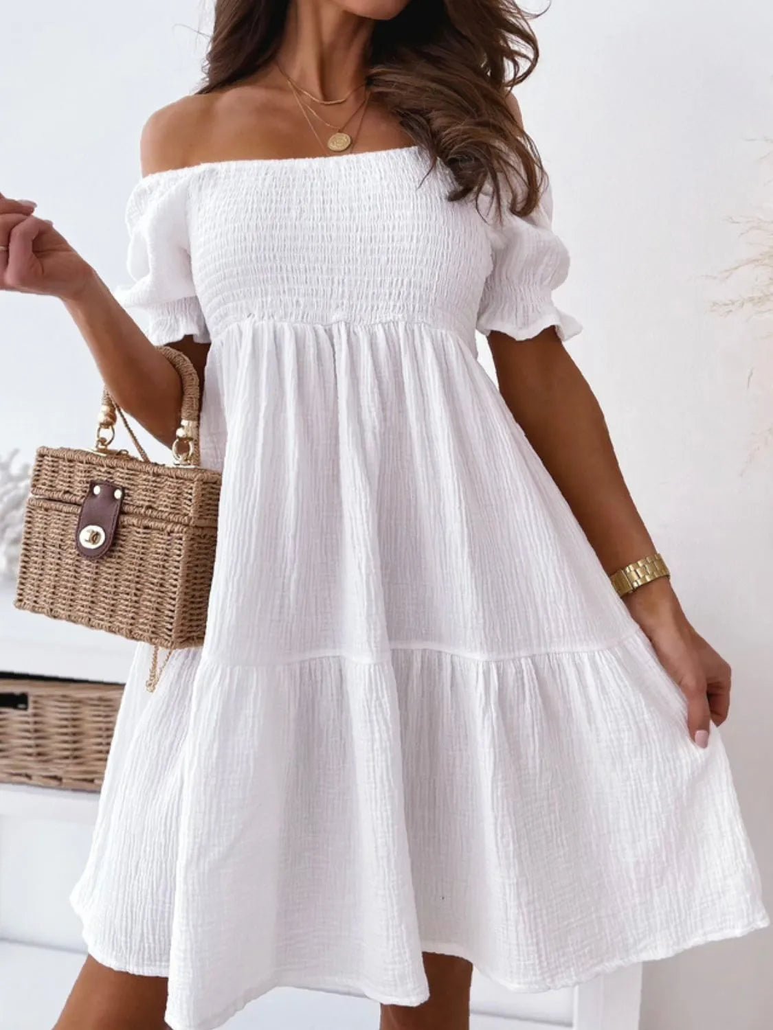 Smocked Off - Shoulder Mini Dress - JUST - JEN BOUTIQUE