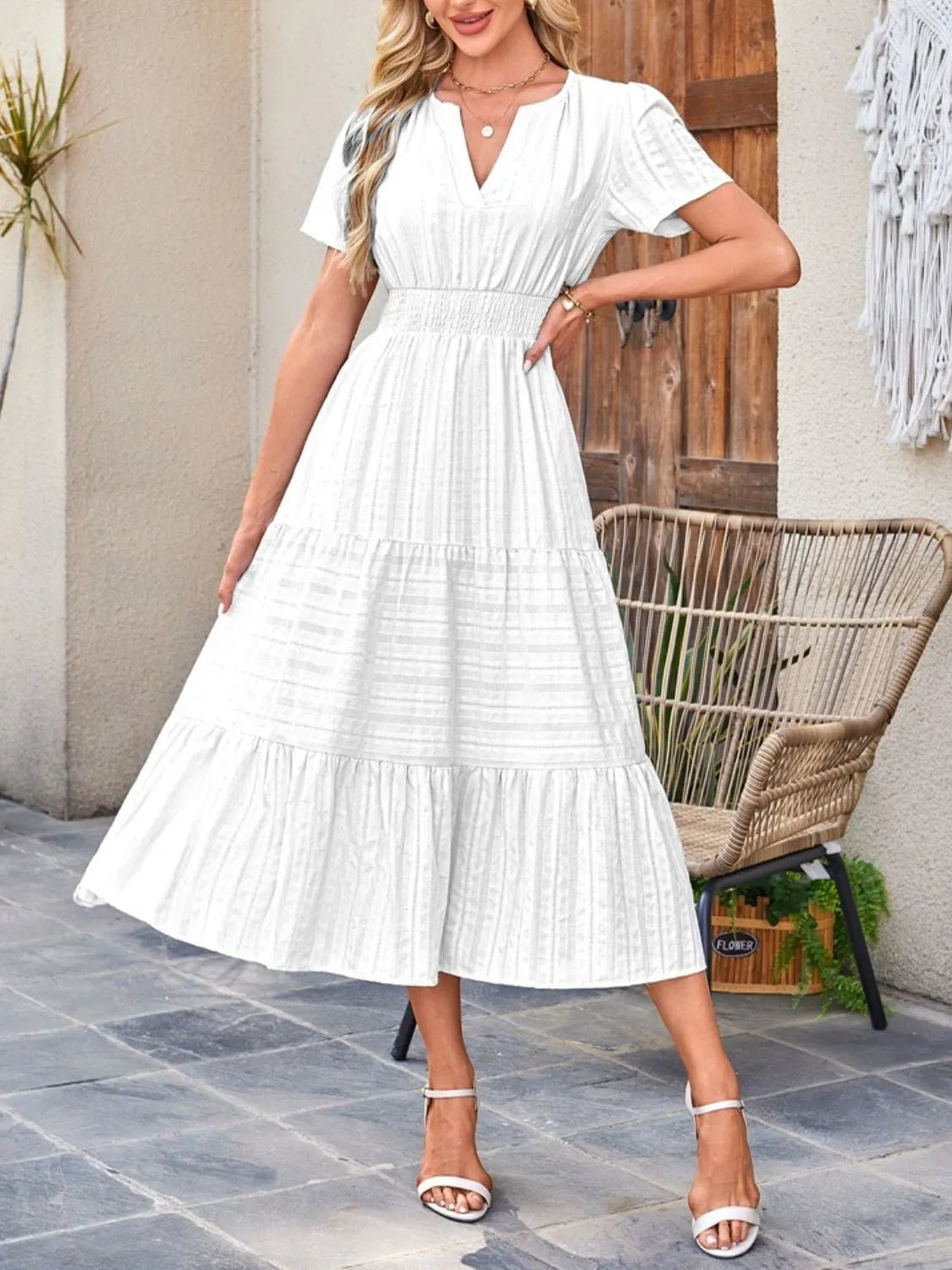 Tiered Notched Short Sleeve Dress - JUST - JEN BOUTIQUE