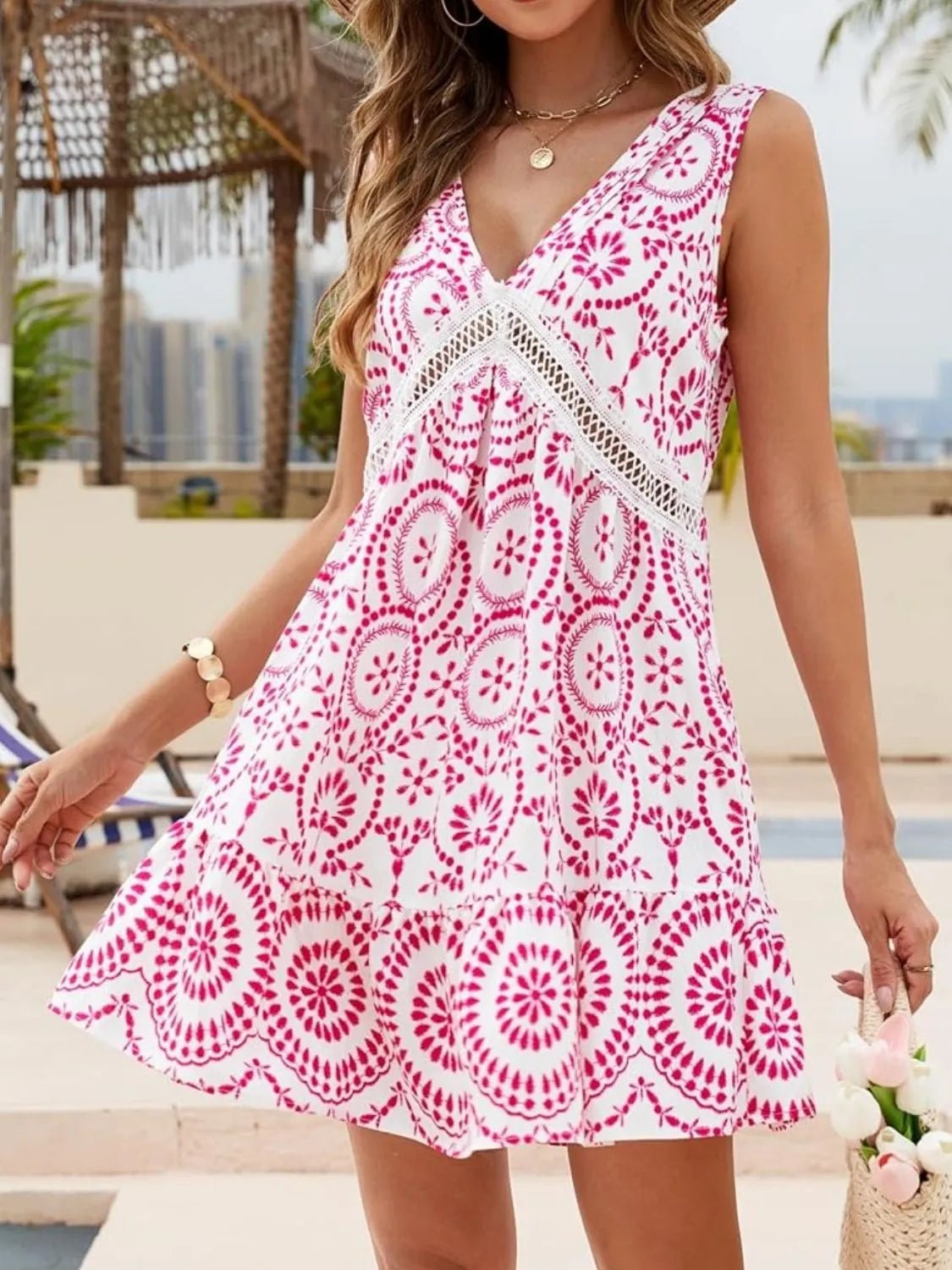 Printed V - Neck Sleeveless Mini Dress - JUST - JEN BOUTIQUE