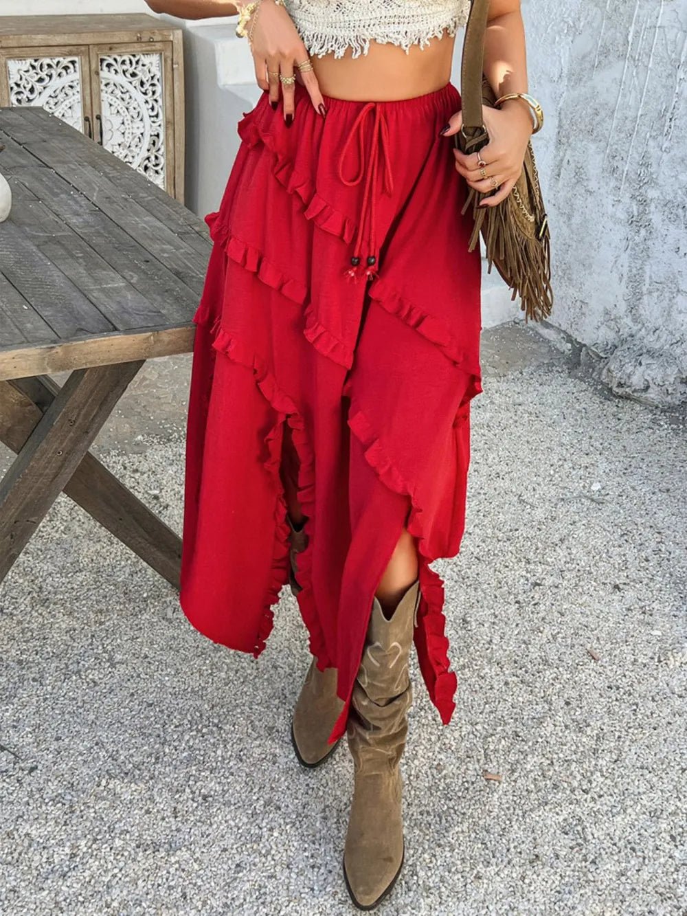 Devine Slit Drawstring Ruffled Skirt - JUST - JEN BOUTIQUE