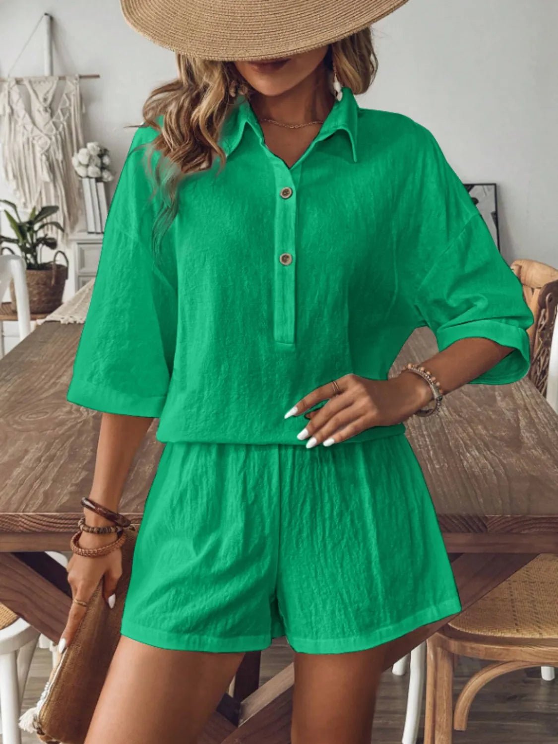 Collared Neck Half Sleeve Top and Shorts Set - JUST - JEN BOUTIQUE