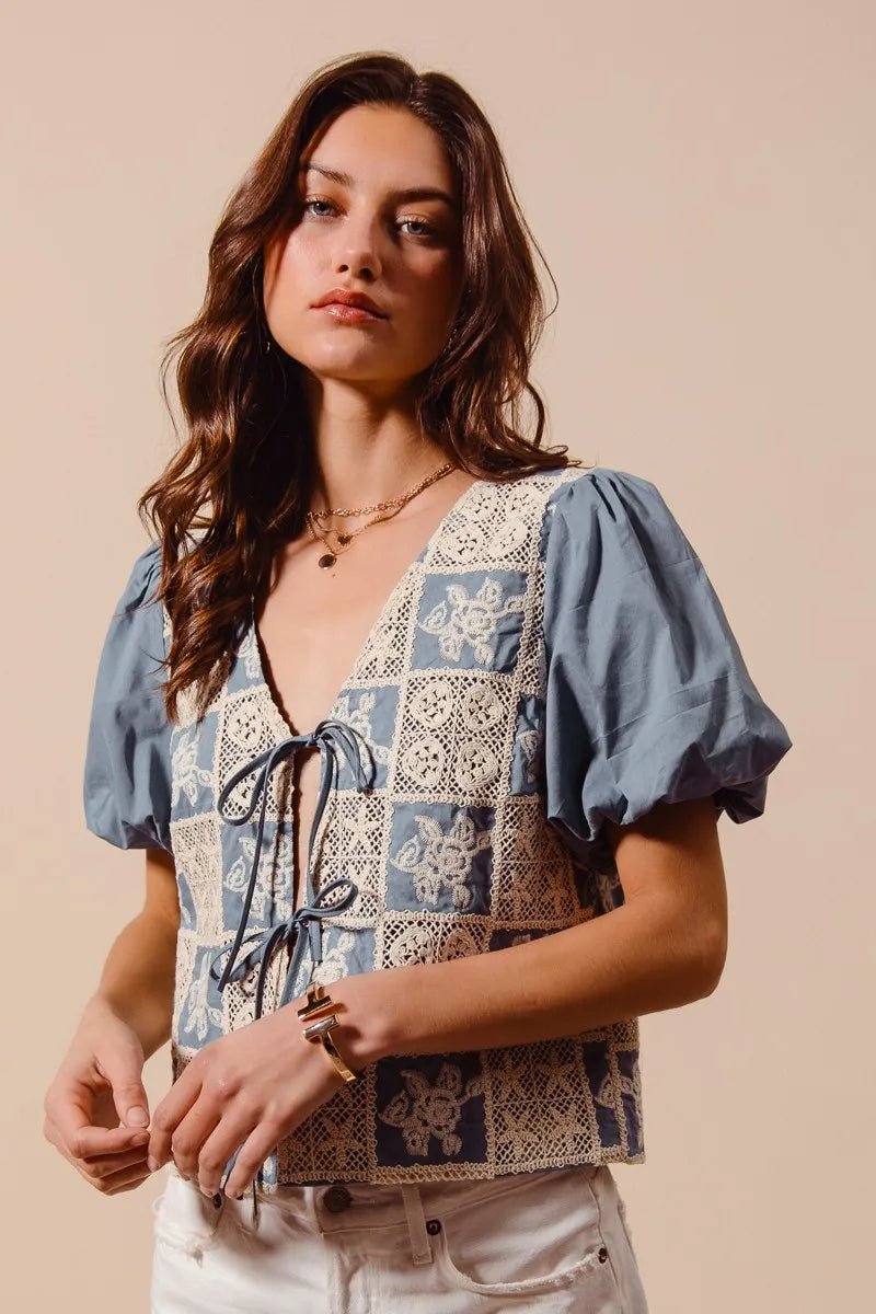 SO ME Crochet Lace Tie Front V Neck Blouse Top - JUST - JEN BOUTIQUE