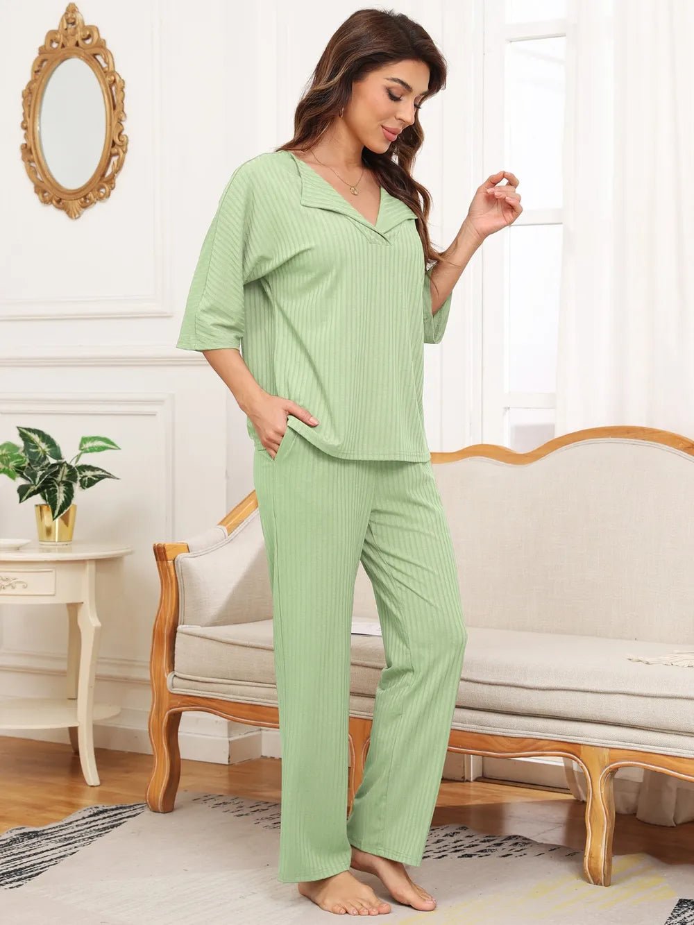 Ribbed Half Sleeve Top and Pocketed Pants Set - JUST - JEN BOUTIQUE