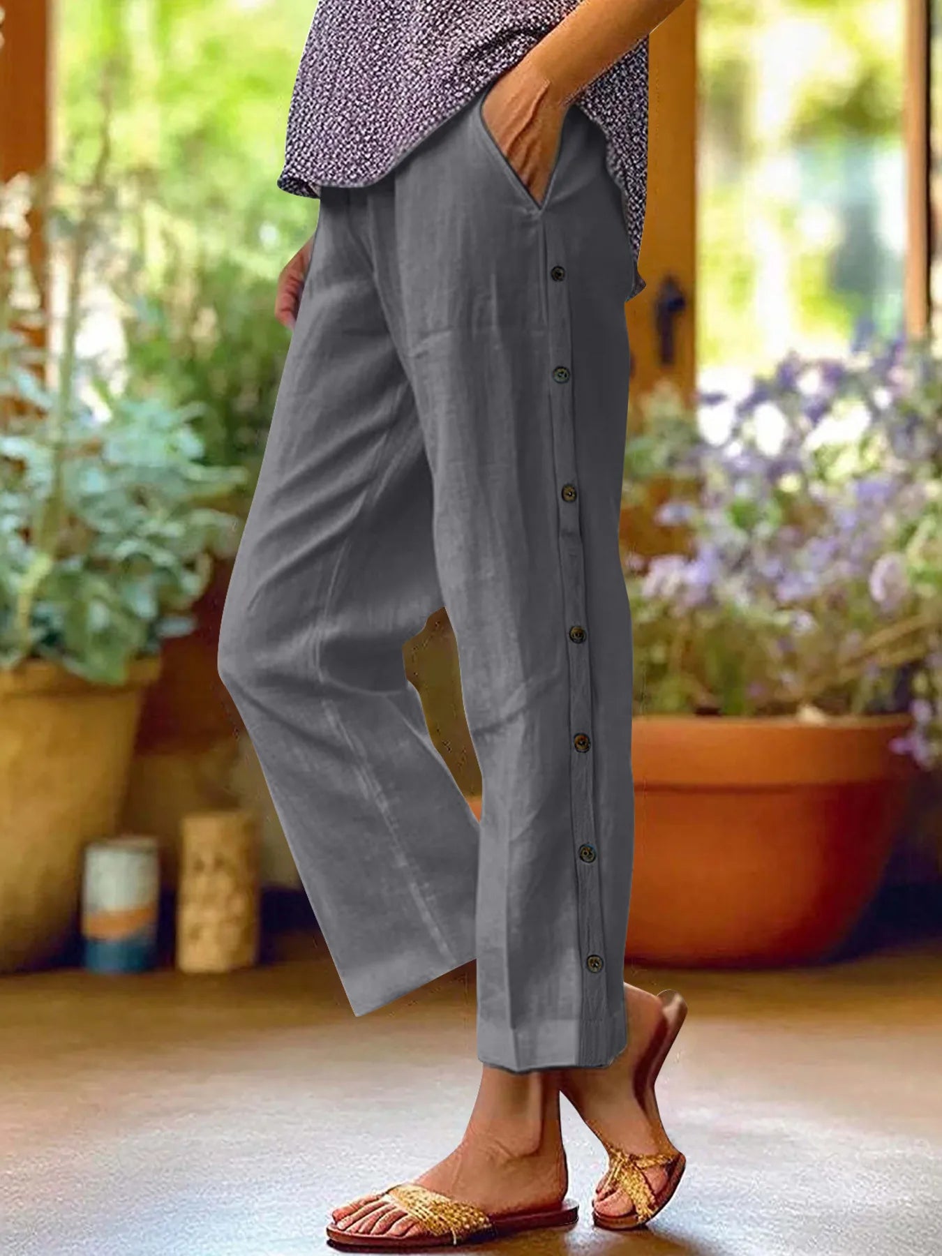 Full Size Side Decor Button Casual Wide Leg Pants Plus Size - JUST - JEN BOUTIQUE