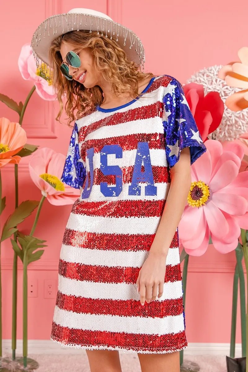 BiBi American Flag Theme Usa Print Sequin Dress - JUST - JEN BOUTIQUE