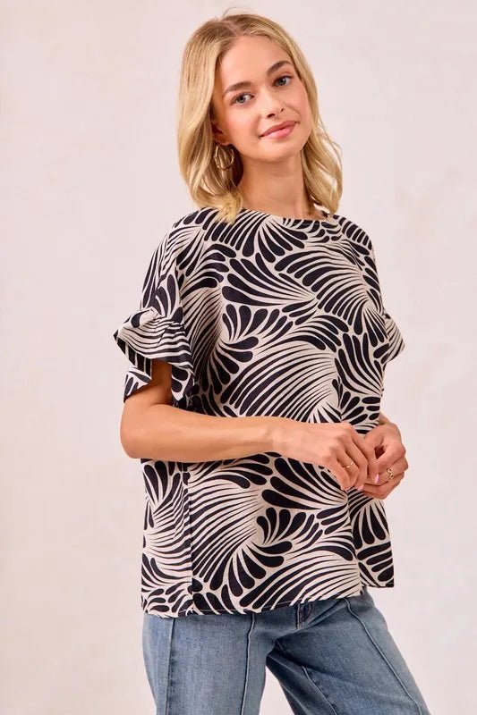 BiBi Print Woven Ruffled Sleeves Top - JUST - JEN BOUTIQUE