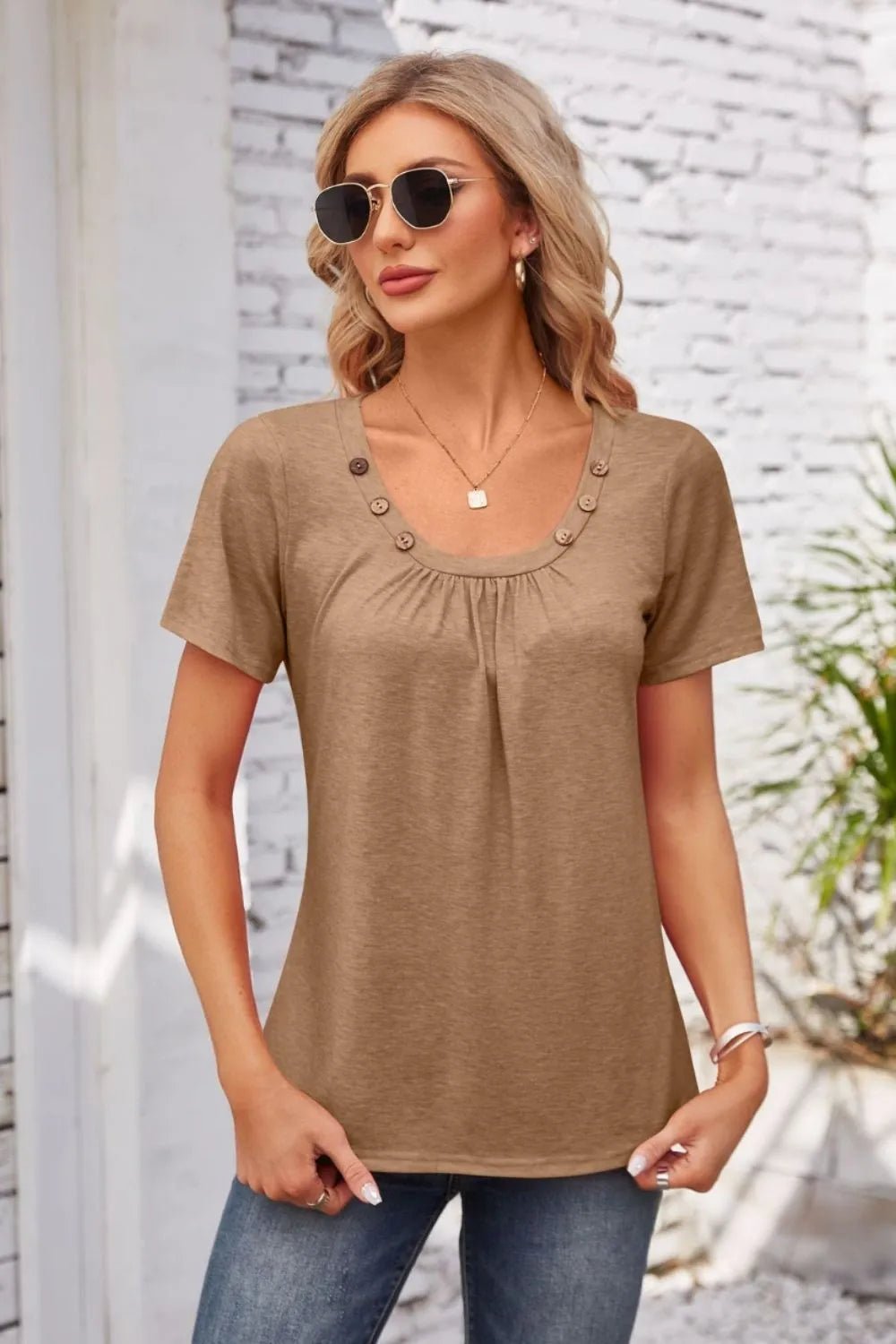 Decorative Button Scoop Neck T-Shirt - JUST - JEN BOUTIQUE