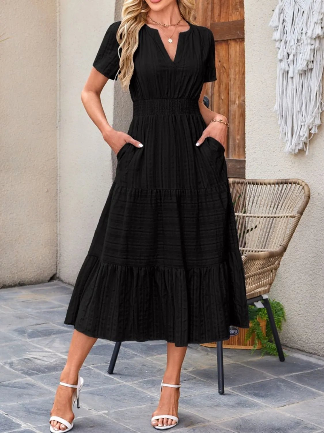 Tiered Notched Short Sleeve Dress - JUST - JEN BOUTIQUE