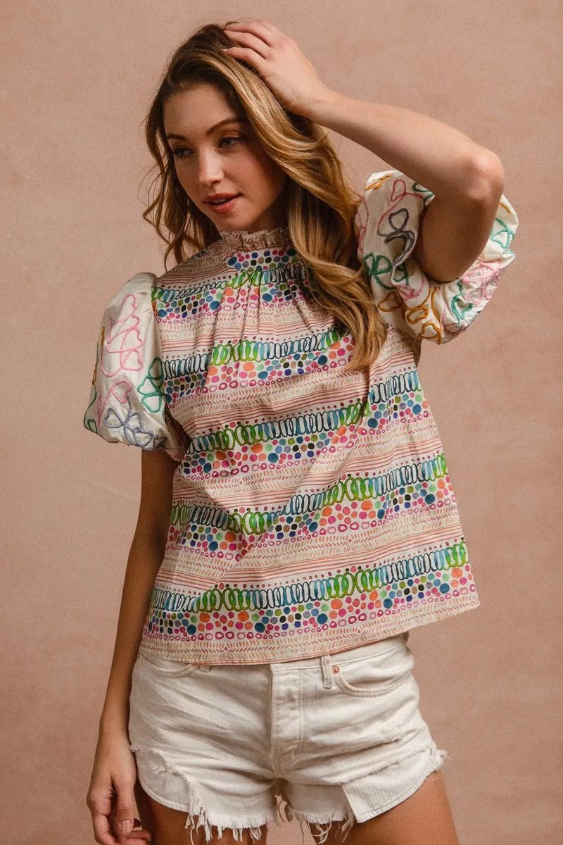 BiBi Ruffle Neckline Blouse With Embroidery Bubble Sleeve - JUST - JEN BOUTIQUE