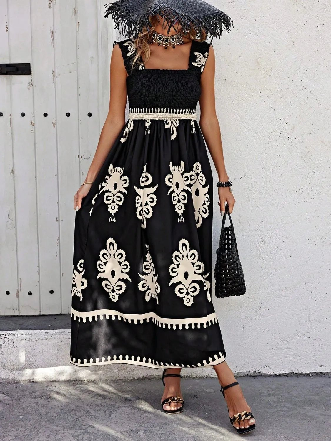 Smocked Printed Wide Strap Maxi Dress - JUST - JEN BOUTIQUE