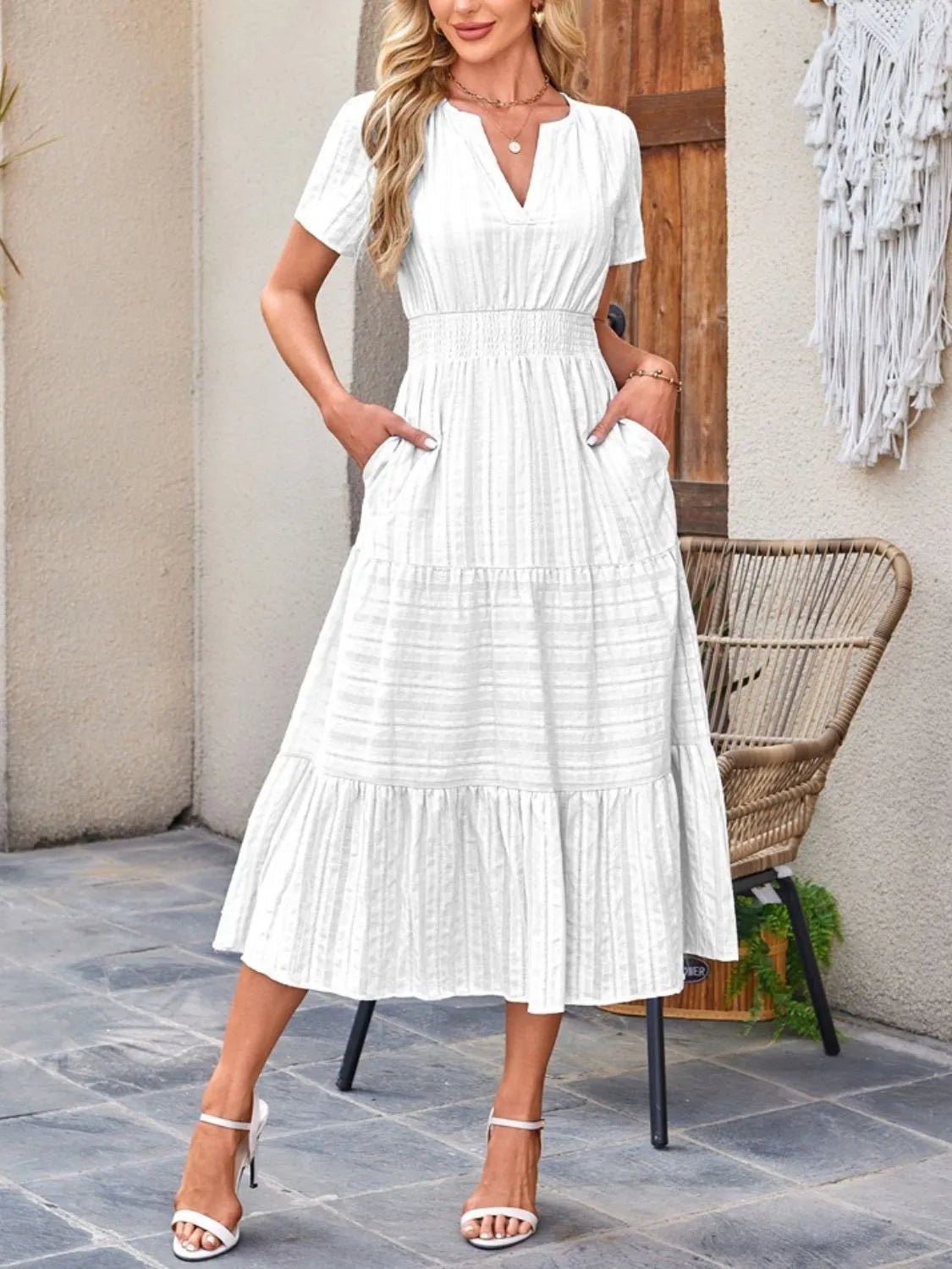 Tiered Notched Short Sleeve Dress - JUST - JEN BOUTIQUE