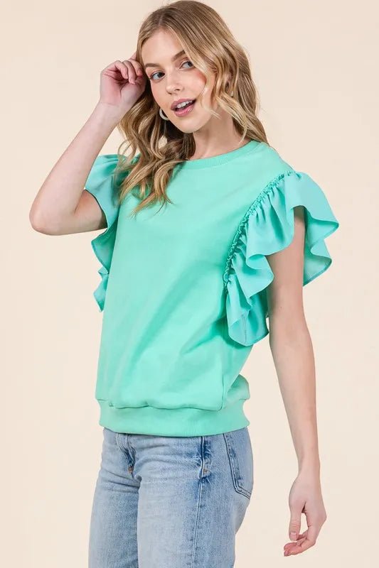 Lime 'N' Chili Solid Shoulder Ruffle Detail Round Neck Top - JUST - JEN BOUTIQUE