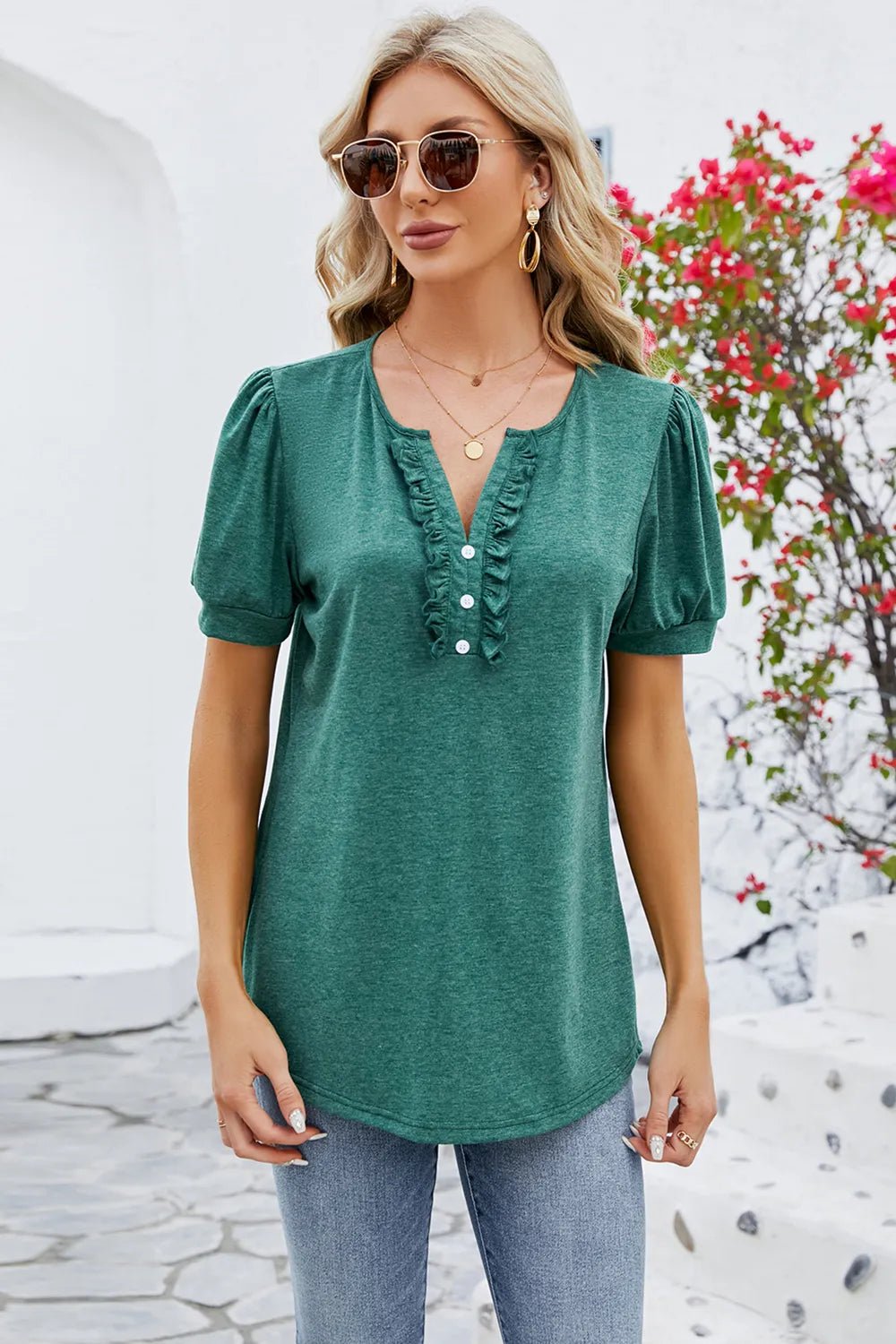 Frill Notched Short Sleeve Blouse - JUST - JEN BOUTIQUE