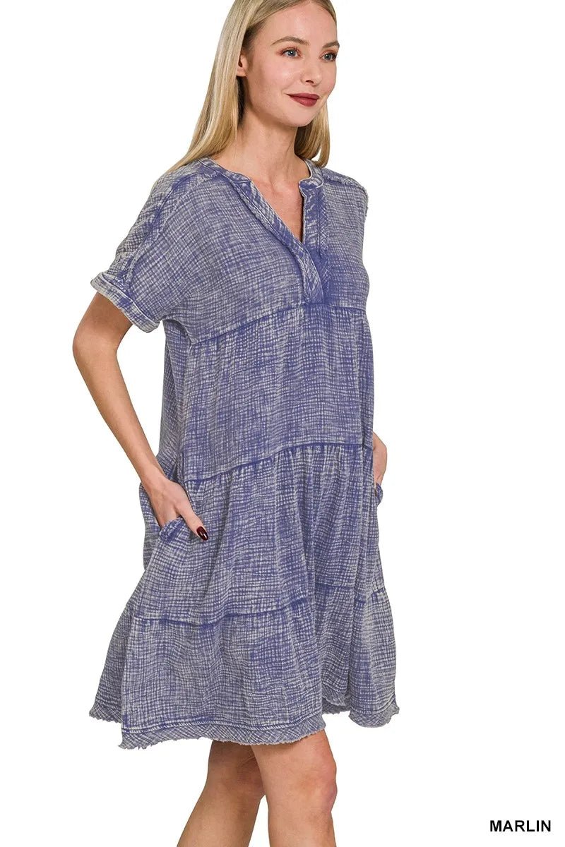 Zenana Washed Double Gauze Raw Edge V - neck Dress - JUST - JEN BOUTIQUE