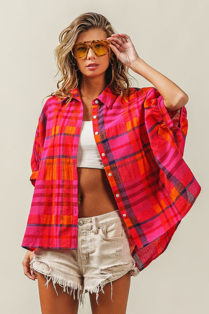 BiBi Button Up Dolman Sleeve Plaid Shirt