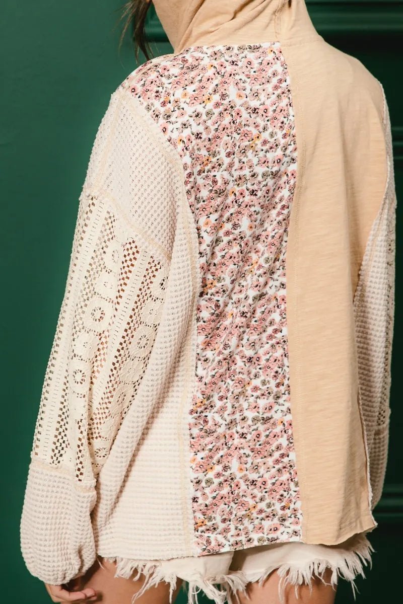 BiBi Slub Jersey with Lace Combo Buttoned Hoodie Top - JUST - JEN BOUTIQUE