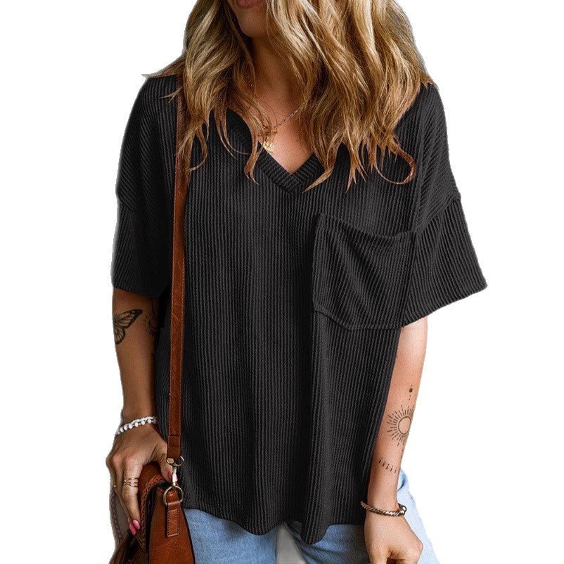 Fashion Two tone Twist Shot Pullover Short Sleeve V - neck Top Women's Shirt - JUST - JEN BOUTIQUE