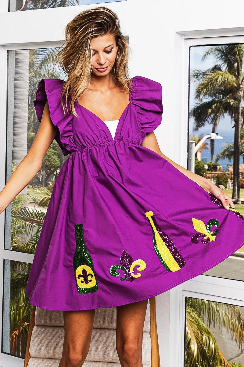 BiBi Mardi Gras Sequin Embroidery Ruffled Dress - JUST - JEN BOUTIQUE